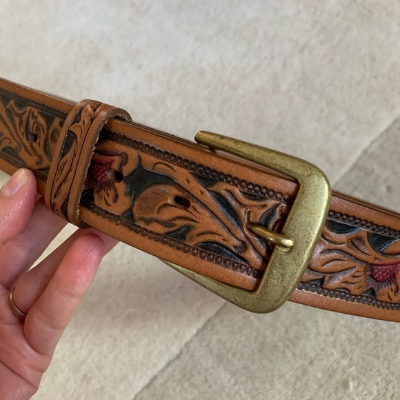 J. Crew Embossed Painted Southwestern Leatherwork Boho Western leather Belt - Picture 2 of 8